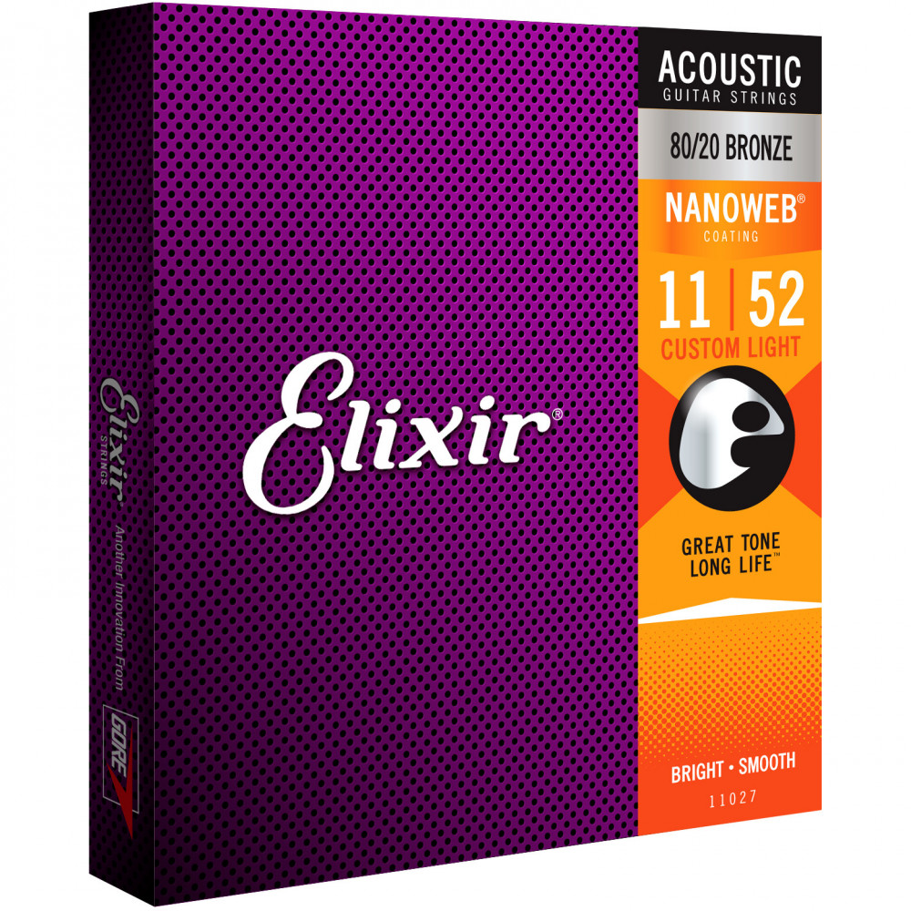 Elixir 11027 Acoustic 80/20 Bronze Nanoweb Custom Light 11-52 strängset för akustisk westerngitarr